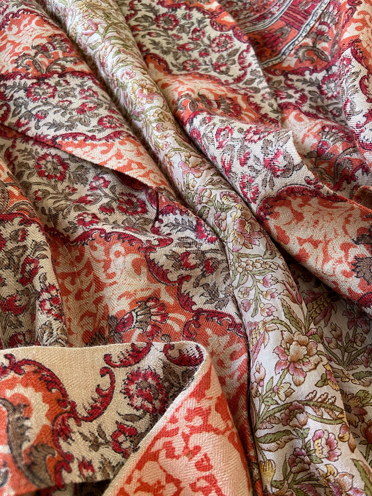 Terracotta and stone fine wool dressing robe with wide sleeves, deep pockets and tassel sash. Bohemian styles sustainably created from antique and vintage textiles by the Pavilion Parade studio