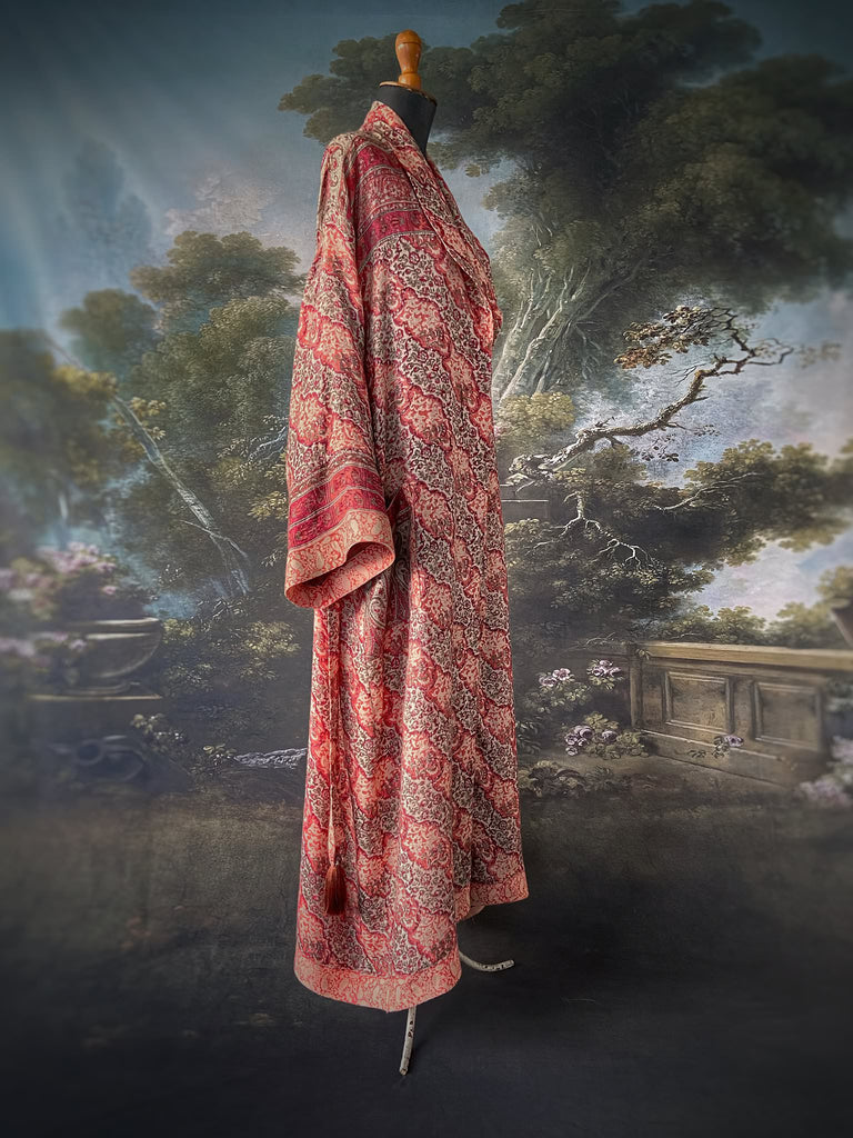 Terracotta and stone fine wool dressing robe with wide sleeves, deep pockets and tassel sash. Bohemian styles sustainably created from antique and vintage textiles by the Pavilion Parade studio