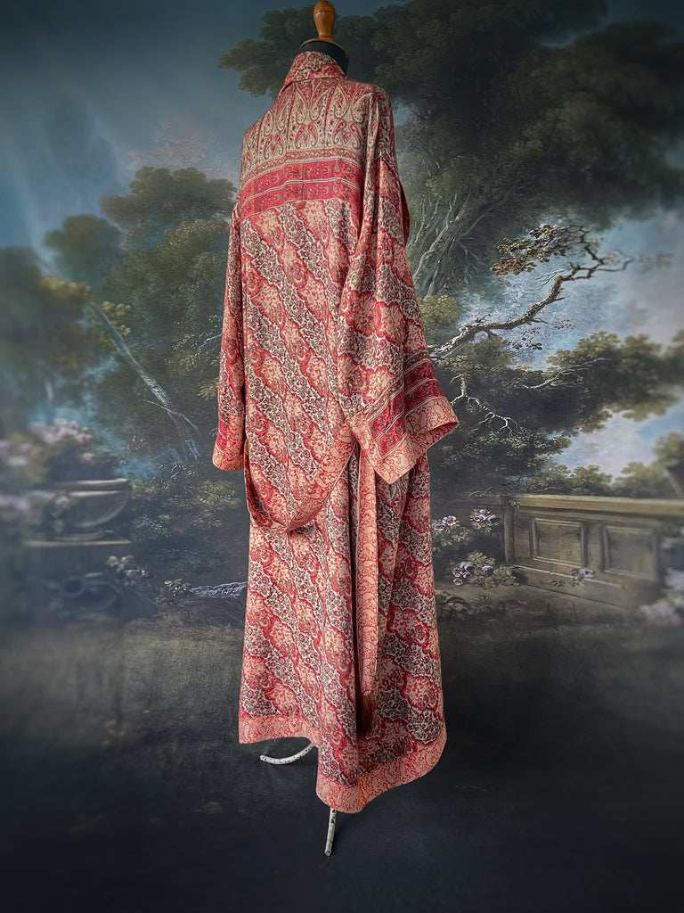 Terracotta and stone fine wool dressing robe with wide sleeves, deep pockets and tassel sash. Bohemian styles sustainably created from antique and vintage textiles by the Pavilion Parade studio