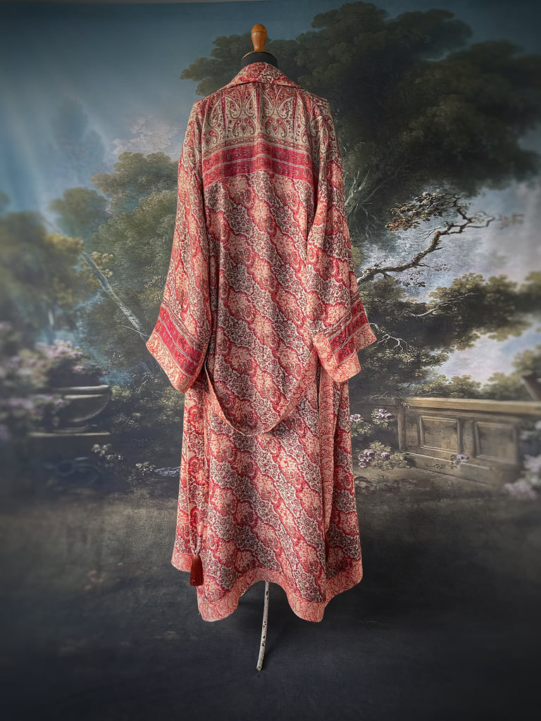 Terracotta and stone fine wool dressing robe with wide sleeves, deep pockets and tassel sash. Bohemian styles sustainably created from antique and vintage textiles by the Pavilion Parade studio