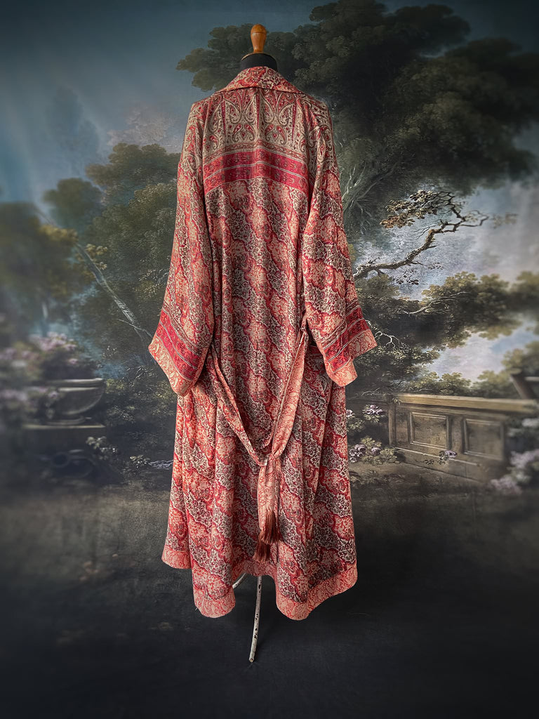Terracotta and stone fine wool dressing robe with wide sleeves, deep pockets and tassel sash. Bohemian styles sustainably created from antique and vintage textiles by the Pavilion Parade studio