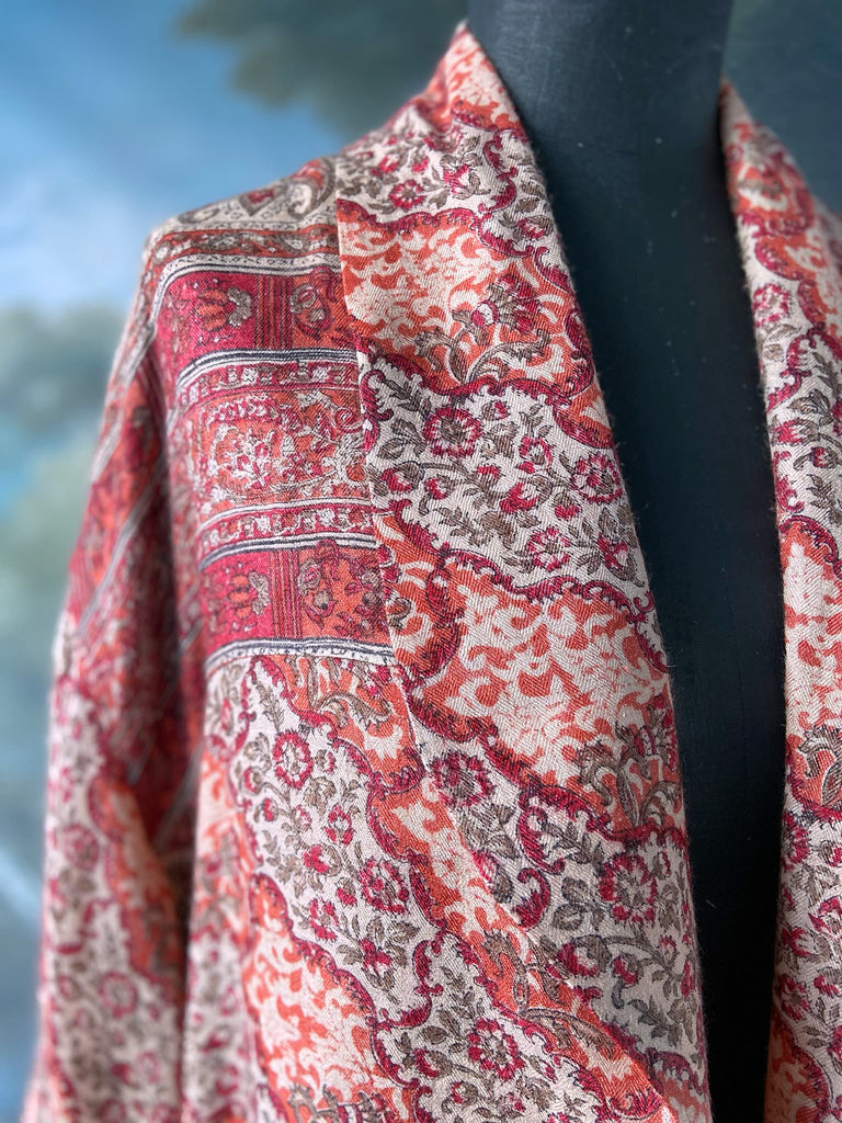 Terracotta and stone fine wool dressing robe with wide sleeves, deep pockets and tassel sash. Bohemian styles sustainably created from antique and vintage textiles by the Pavilion Parade studio