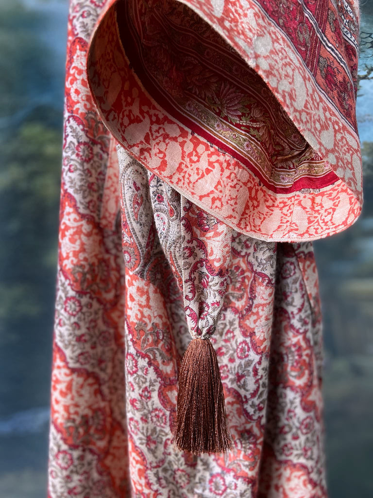 Terracotta and stone fine wool dressing robe with wide sleeves, deep pockets and tassel sash. Bohemian styles sustainably created from antique and vintage textiles by the Pavilion Parade studio