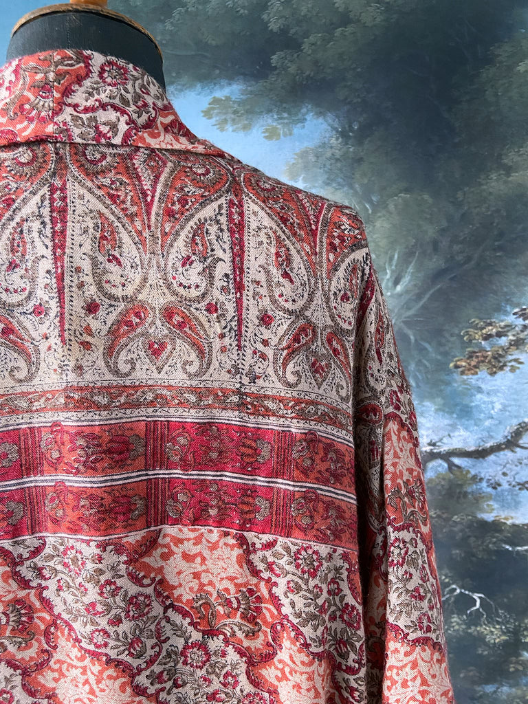 Terracotta and stone fine wool dressing robe with wide sleeves, deep pockets and tassel sash. Bohemian styles sustainably created from antique and vintage textiles by the Pavilion Parade studio