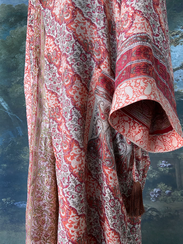 Terracotta and stone fine wool dressing robe with wide sleeves, deep pockets and tassel sash. Bohemian styles sustainably created from antique and vintage textiles by the Pavilion Parade studio