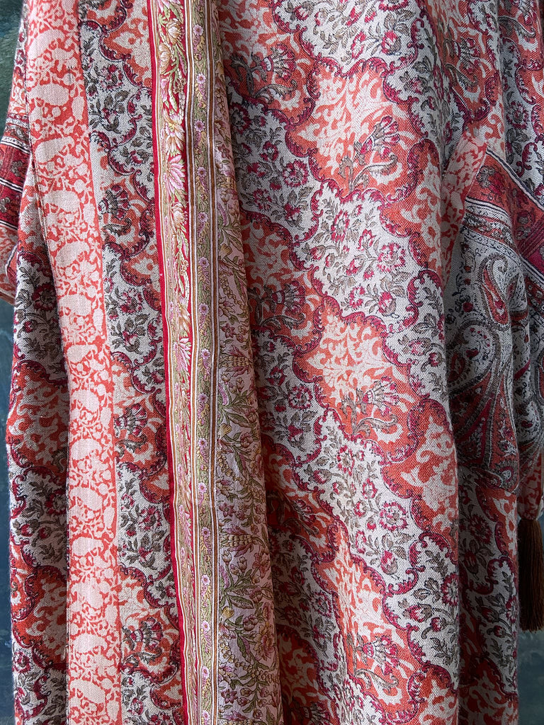 Terracotta and stone fine wool dressing robe with wide sleeves, deep pockets and tassel sash. Bohemian styles sustainably created from antique and vintage textiles by the Pavilion Parade studio