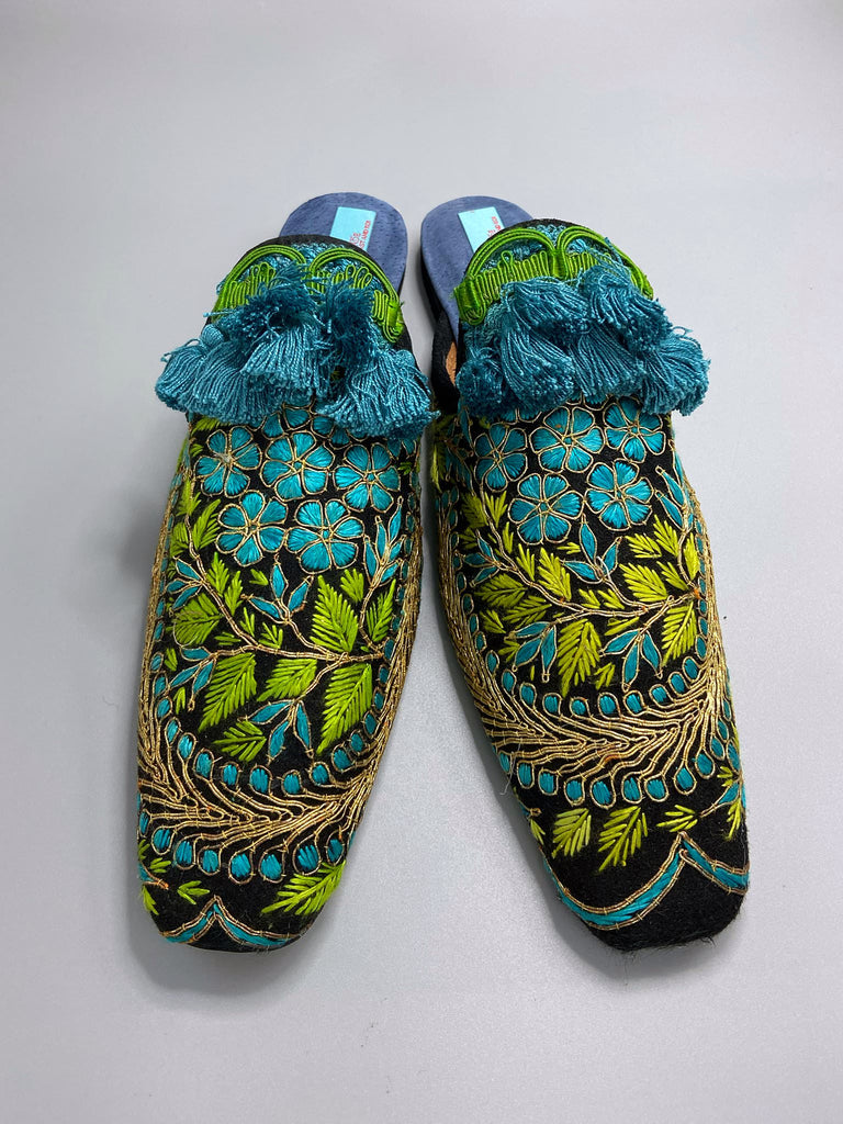 Hand embroidered suzani extended toe shoes in chartreuse, turquoise and gold. Unique bohemian styles created from antique and vintage textiles by the Pavilion Parade studio.