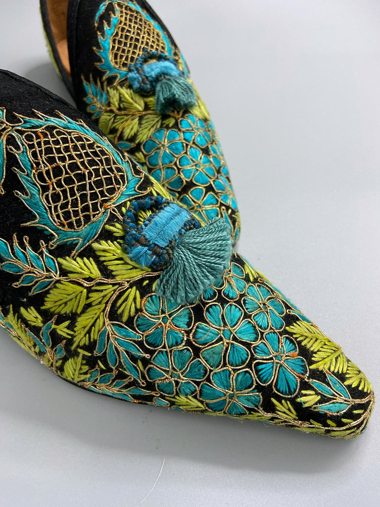 Hand embroidered suzani pointed toe shoes in chartreuse, turquoise and gold. Unique bohemian styles created from antique and vintage textiles by the Pavilion Parade studio.