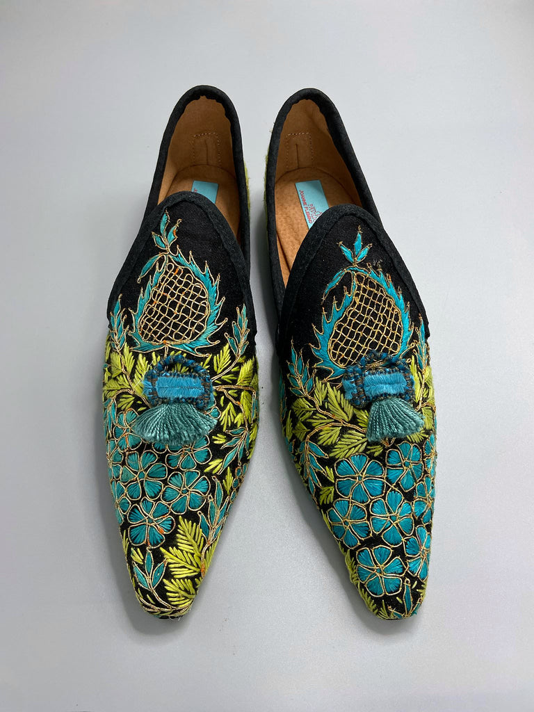 Hand embroidered suzani pointed toe shoes in chartreuse, turquoise and gold. Unique bohemian styles created from antique and vintage textiles by the Pavilion Parade studio.