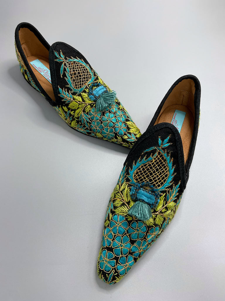 Hand embroidered suzani pointed toe shoes in chartreuse, turquoise and gold. Unique bohemian styles created from antique and vintage textiles by the Pavilion Parade studio.
