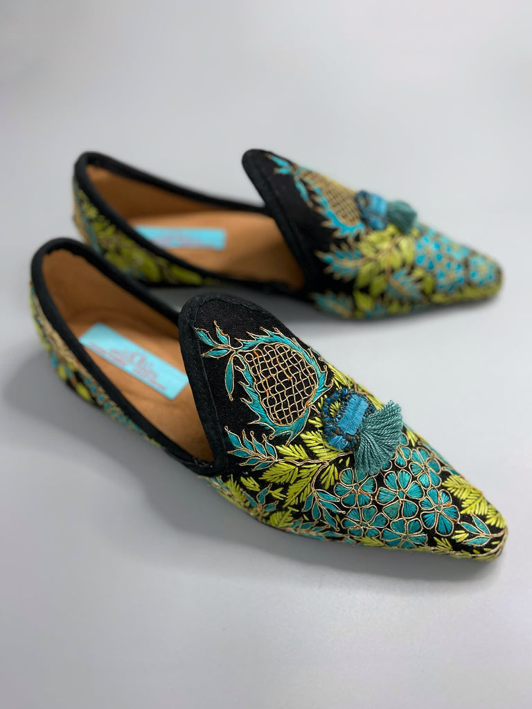 Hand embroidered suzani pointed toe shoes in chartreuse, turquoise and gold. Unique bohemian styles created from antique and vintage textiles by the Pavilion Parade studio.