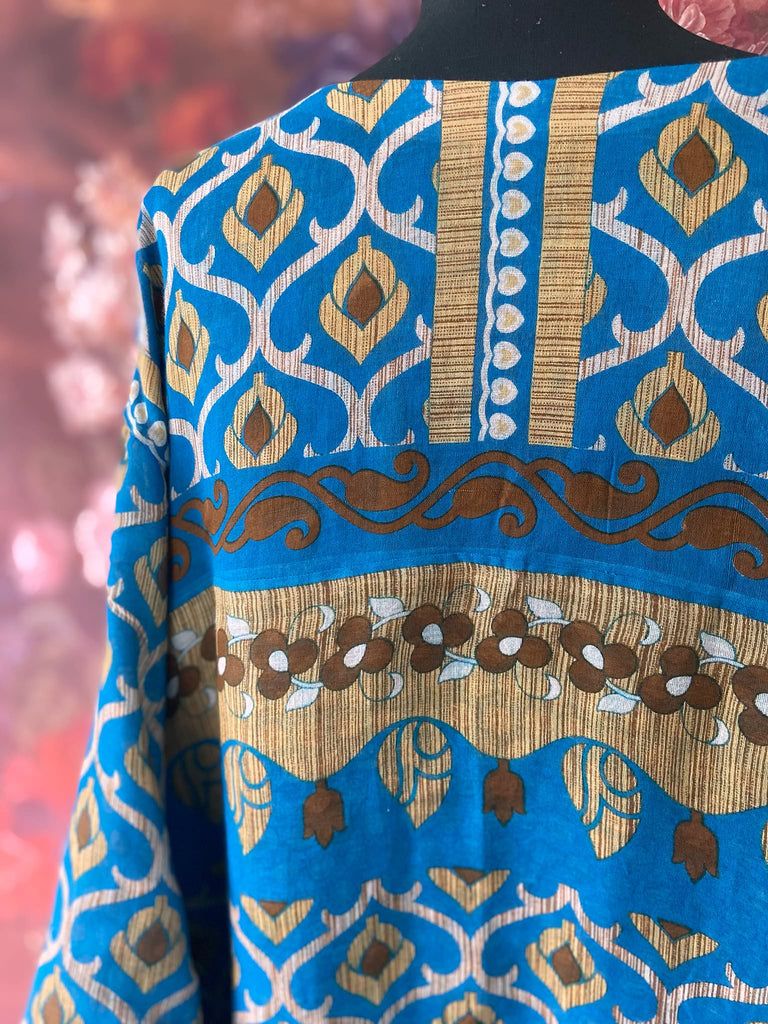Cerulean blue and turquoise reversible fine cotton kaftan dress. Bohemian style sustainably created from antique and vintage textiles by the Pavilion Parade studio.