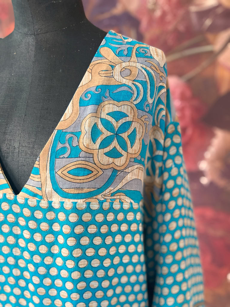 Cerulean blue and turquoise reversible fine cotton kaftan dress. Bohemian style sustainably created from antique and vintage textiles by the Pavilion Parade studio.