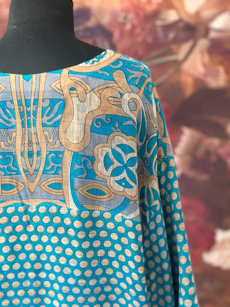 Cerulean blue and turquoise reversible fine cotton kaftan dress. Bohemian style sustainably created from antique and vintage textiles by the Pavilion Parade studio.