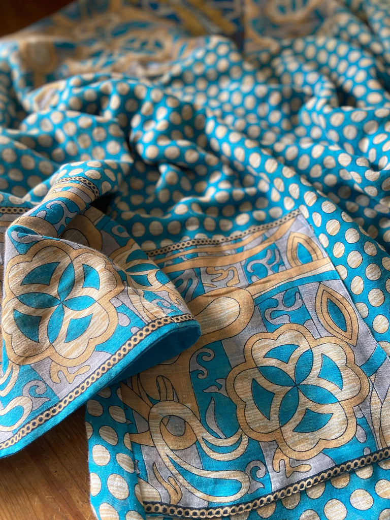 Cerulean blue and turquoise reversible fine cotton kaftan dress. Bohemian style sustainably created from antique and vintage textiles by the Pavilion Parade studio.