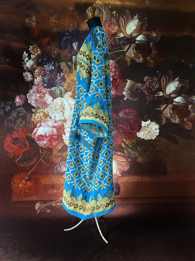 Cerulean blue and turquoise reversible fine cotton kaftan dress. Bohemian style sustainably created from antique and vintage textiles by the Pavilion Parade studio.