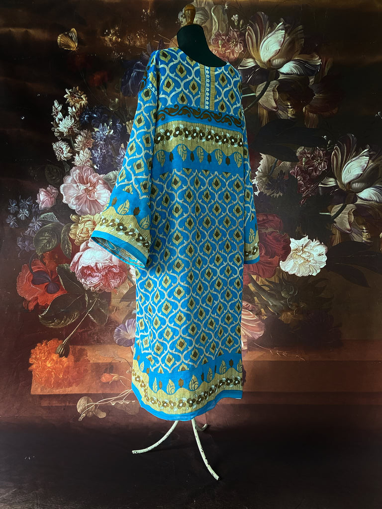 Cerulean blue and turquoise reversible fine cotton kaftan dress. Bohemian style sustainably created from antique and vintage textiles by the Pavilion Parade studio.