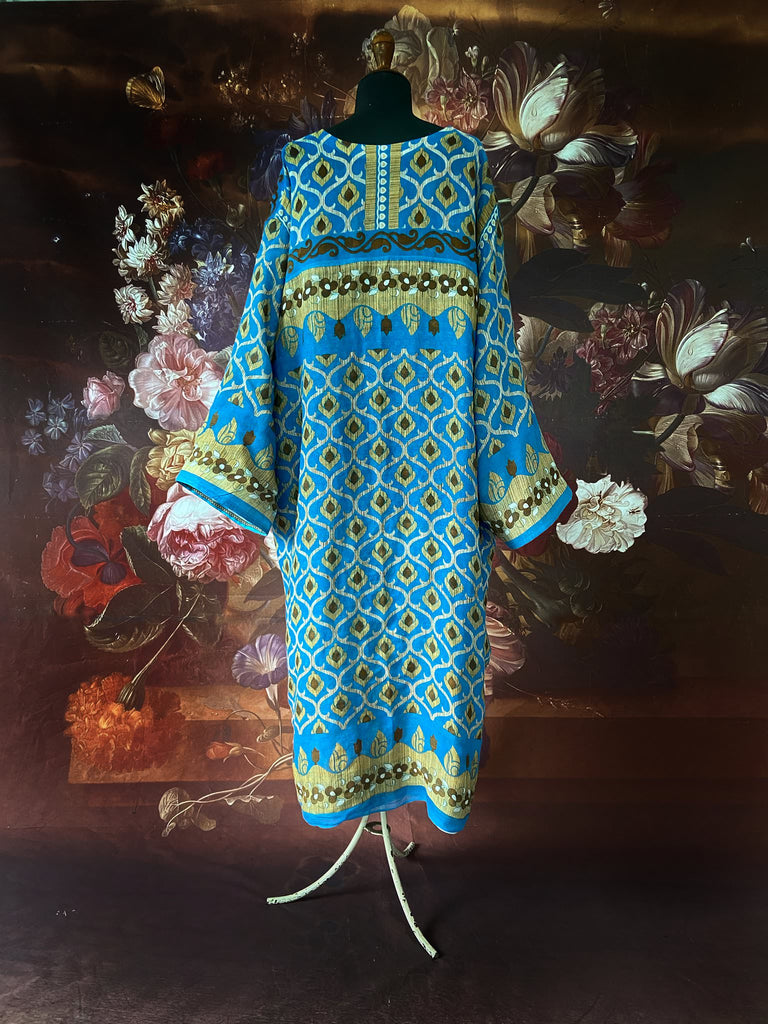 Cerulean blue and turquoise reversible fine cotton kaftan dress. Bohemian style sustainably created from antique and vintage textiles by the Pavilion Parade studio.
