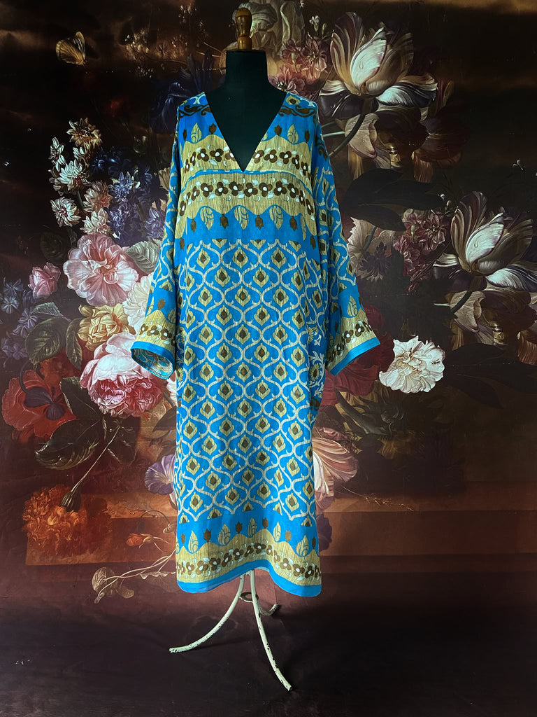 Cerulean blue and turquoise reversible fine cotton kaftan dress. Bohemian style sustainably created from antique and vintage textiles by the Pavilion Parade studio.