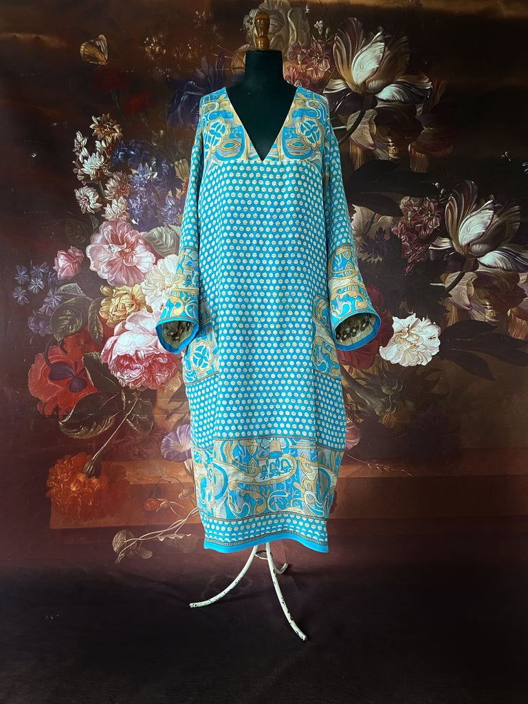Cerulean blue and turquoise reversible fine cotton kaftan dress. Bohemian style sustainably created from antique and vintage textiles by the Pavilion Parade studio.