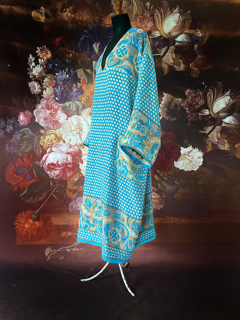 Cerulean blue and turquoise reversible fine cotton kaftan dress. Bohemian style sustainably created from antique and vintage textiles by the Pavilion Parade studio.