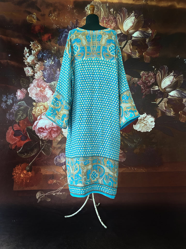 Cerulean blue and turquoise reversible fine cotton kaftan dress. Bohemian style sustainably created from antique and vintage textiles by the Pavilion Parade studio.