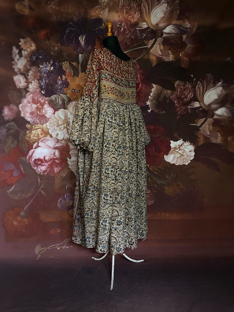 Kalamkari faded hand block print cotton bohemian maxi ankle length dress with long full sleeves and pockets. Bohemian style created from antique and vintage textiles by the Pavilion Parade studio 