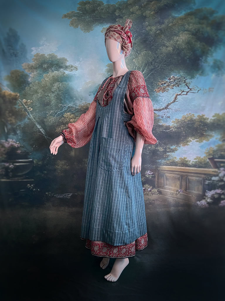 Slate grey garden overalls created from vintage deadstock French workwear cotton. Bohemian style from antique textiles by the Pavilion Parade studio.