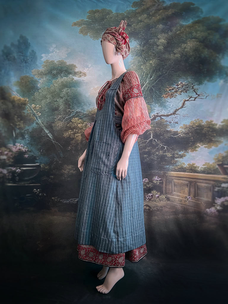 Slate grey garden overalls created from vintage deadstock French workwear cotton. Bohemian style from antique textiles by the Pavilion Parade studio.