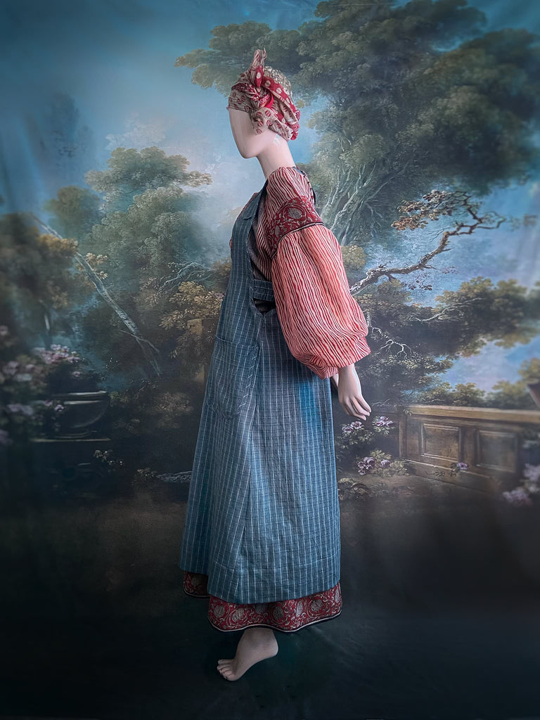 Slate grey garden overalls created from vintage deadstock French workwear cotton. Bohemian style from antique textiles by the Pavilion Parade studio.