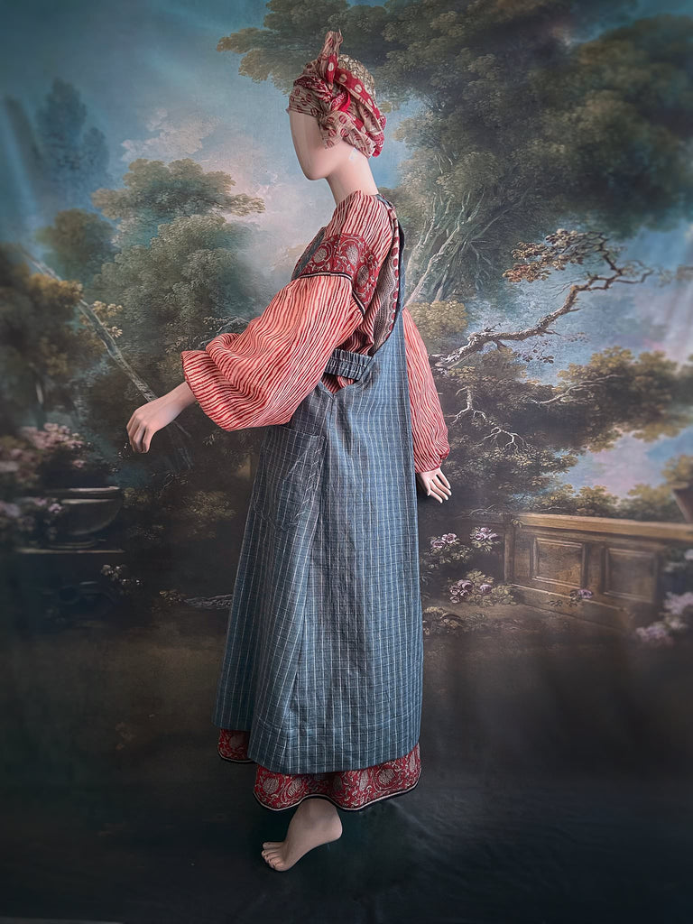 Slate grey garden overalls created from vintage deadstock French workwear cotton. Bohemian style from antique textiles by the Pavilion Parade studio.