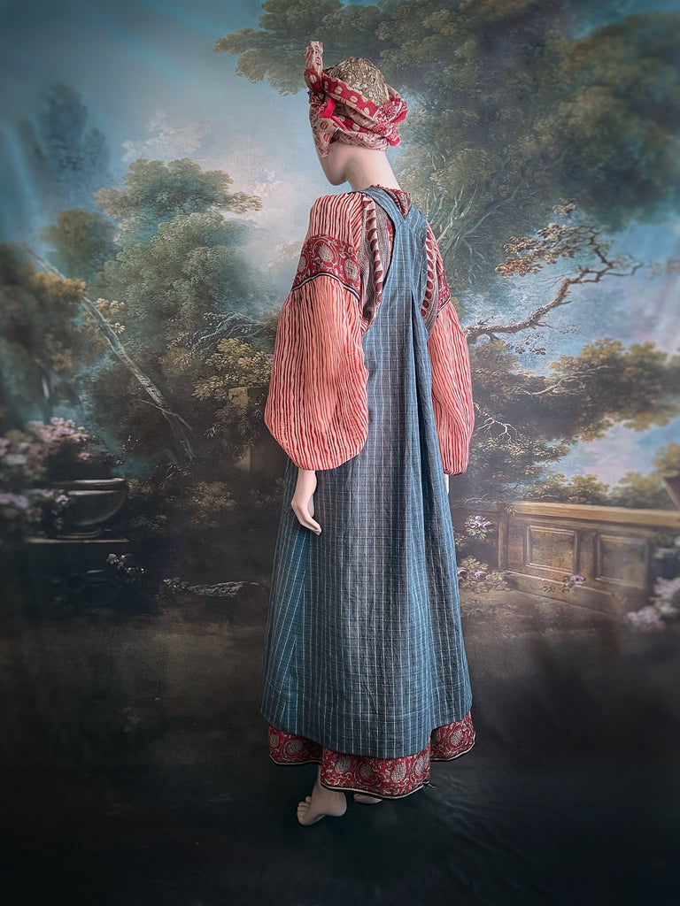 Slate grey garden overalls created from vintage deadstock French workwear cotton. Bohemian style from antique textiles by the Pavilion Parade studio.