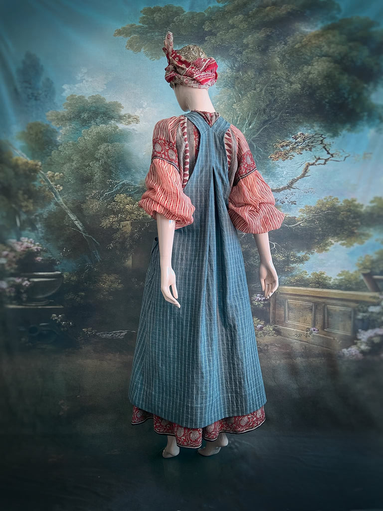 Slate grey garden overalls created from vintage deadstock French workwear cotton. Bohemian style from antique textiles by the Pavilion Parade studio.