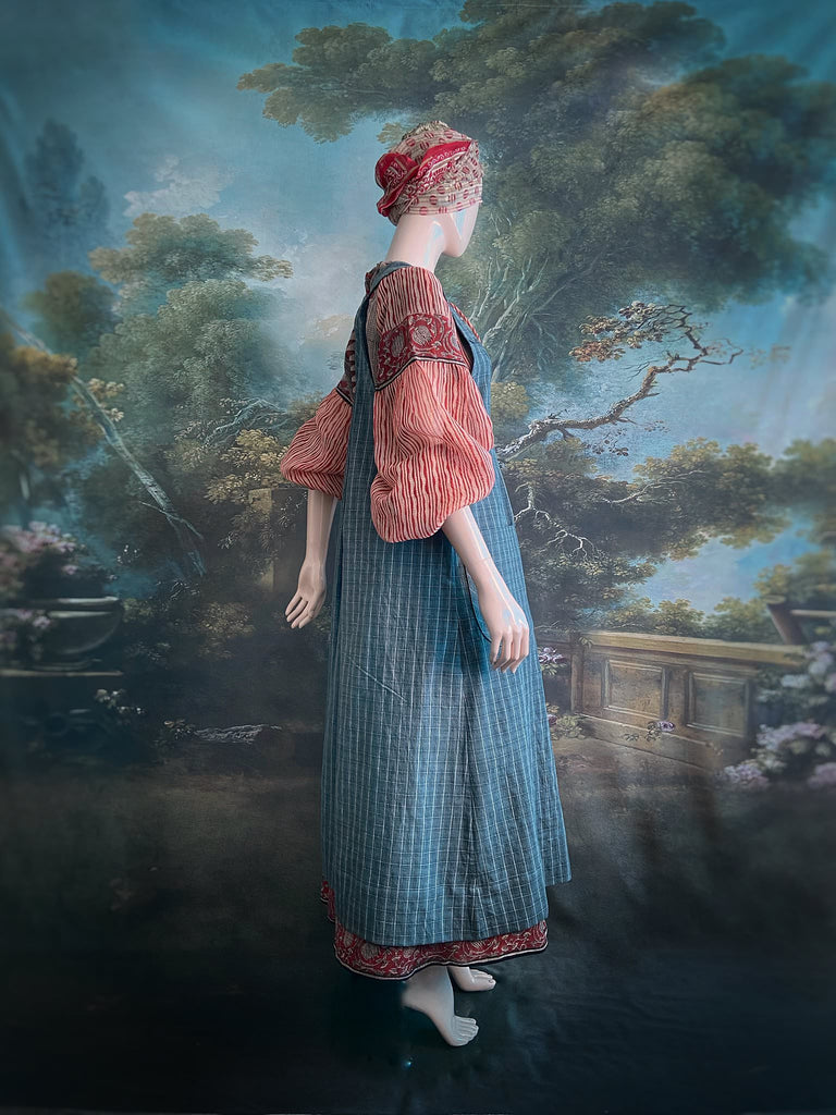 Slate grey garden overalls created from vintage deadstock French workwear cotton. Bohemian style from antique textiles by the Pavilion Parade studio.