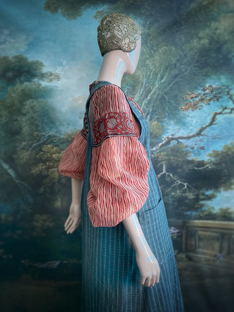 Slate grey garden overalls created from vintage deadstock French workwear cotton. Bohemian style from antique textiles by the Pavilion Parade studio.