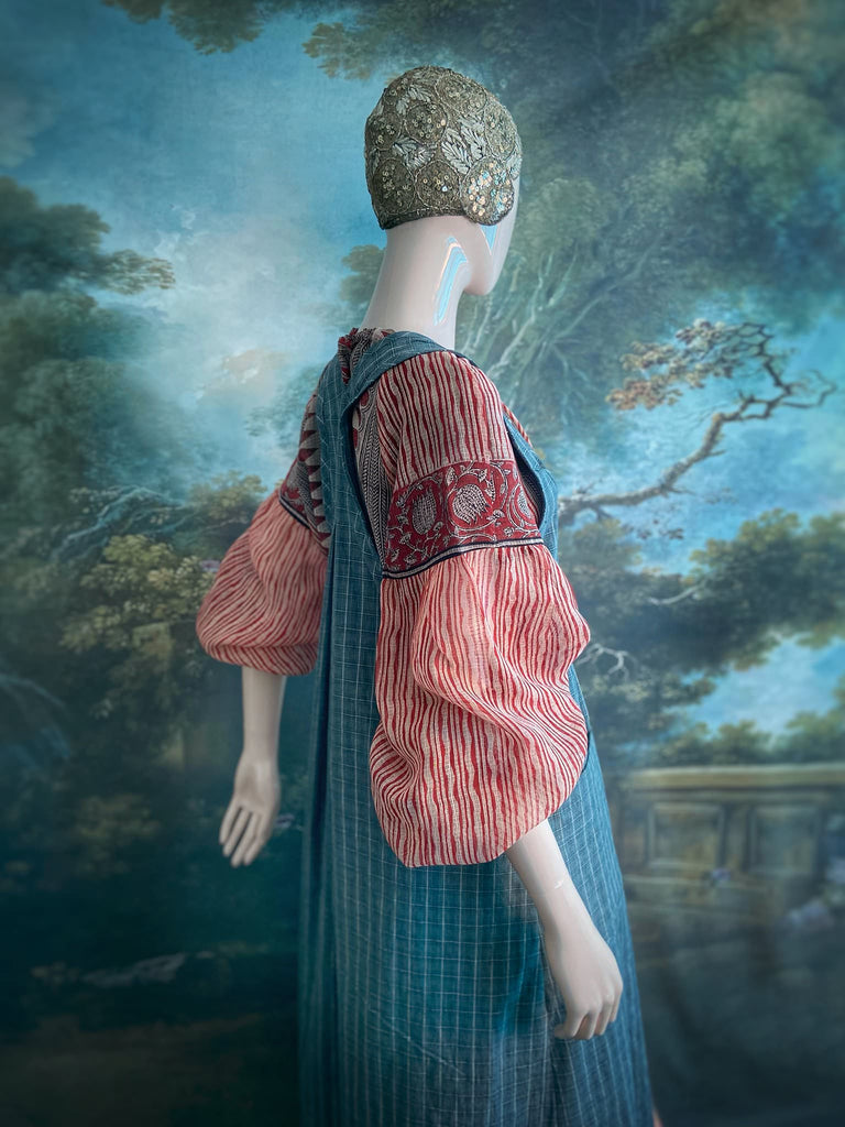 Slate grey garden overalls created from vintage deadstock French workwear cotton. Bohemian style from antique textiles by the Pavilion Parade studio.