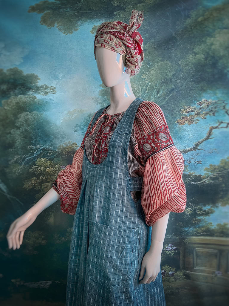 Slate grey garden overalls created from vintage deadstock French workwear cotton. Bohemian style from antique textiles by the Pavilion Parade studio.