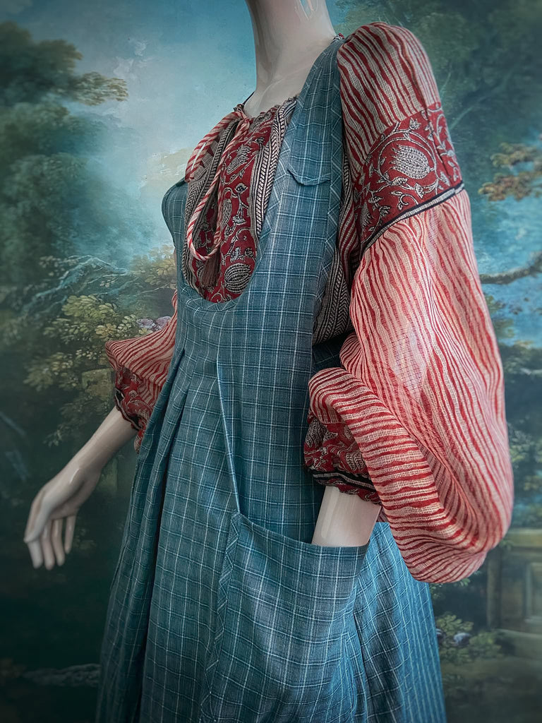 Slate grey garden overalls created from vintage deadstock French workwear cotton. Bohemian style from antique textiles by the Pavilion Parade studio.