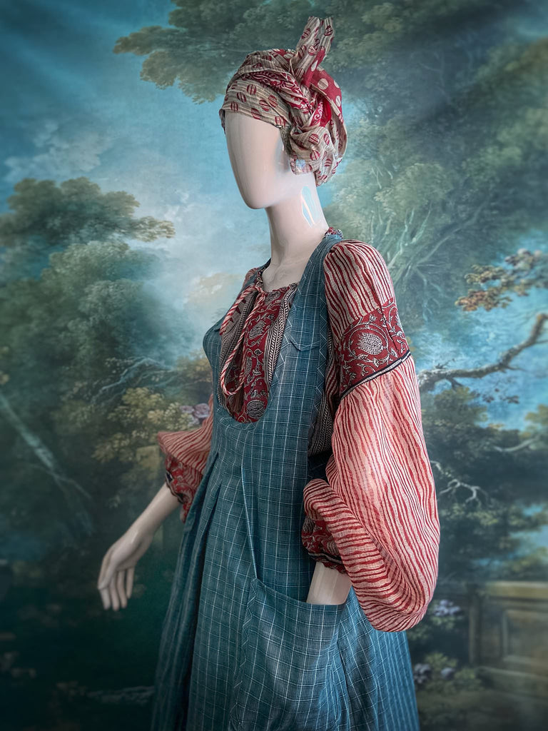 Slate grey garden overalls created from vintage deadstock French workwear cotton. Bohemian style from antique textiles by the Pavilion Parade studio.