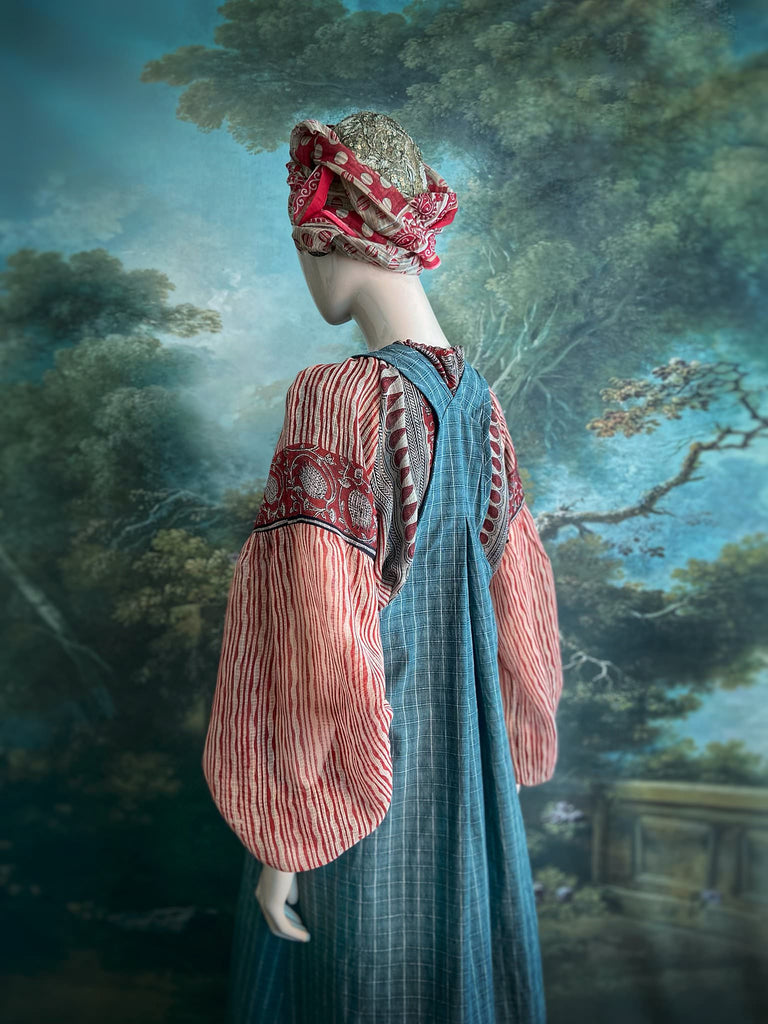 Slate grey garden overalls created from vintage deadstock French workwear cotton. Bohemian style from antique textiles by the Pavilion Parade studio.