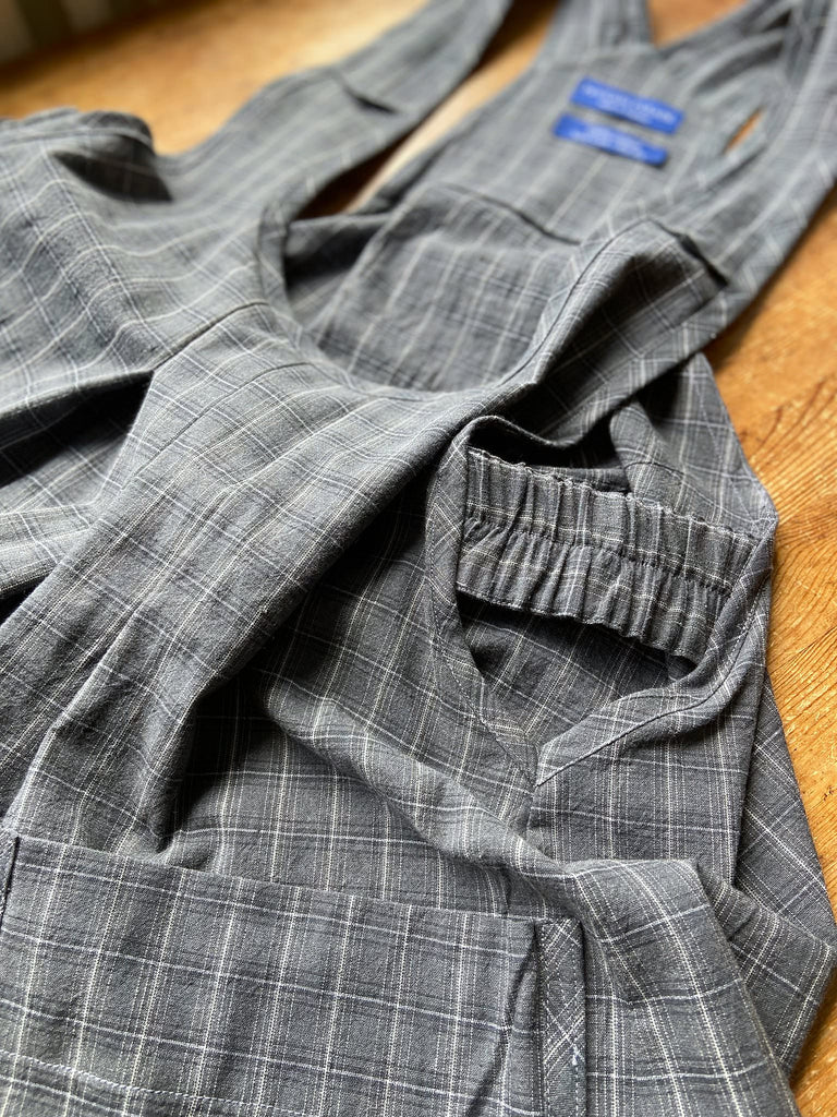 Slate grey garden overalls created from vintage deadstock French workwear cotton. Bohemian style from antique textiles by the Pavilion Parade studio.