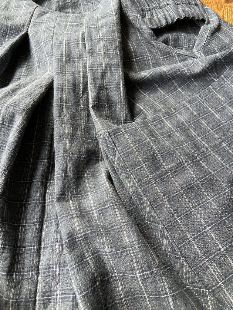 Slate grey garden overalls created from vintage deadstock French workwear cotton. Bohemian style from antique textiles by the Pavilion Parade studio.