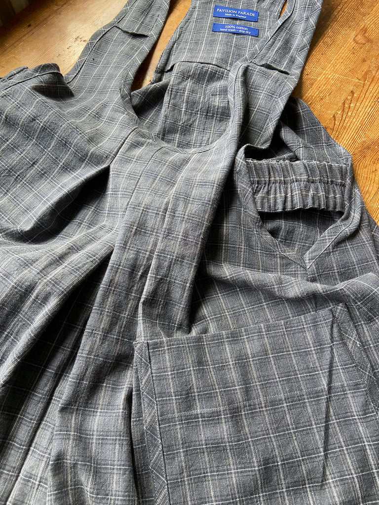 Slate grey garden overalls created from vintage deadstock French workwear cotton. Bohemian style from antique textiles by the Pavilion Parade studio.
