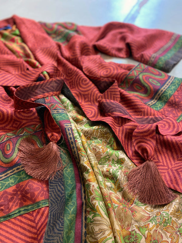Rust red and green fine wool robe with colourful silk lining. Sustainaly created from vintage and antique textiles by the Pavilion Parade studio