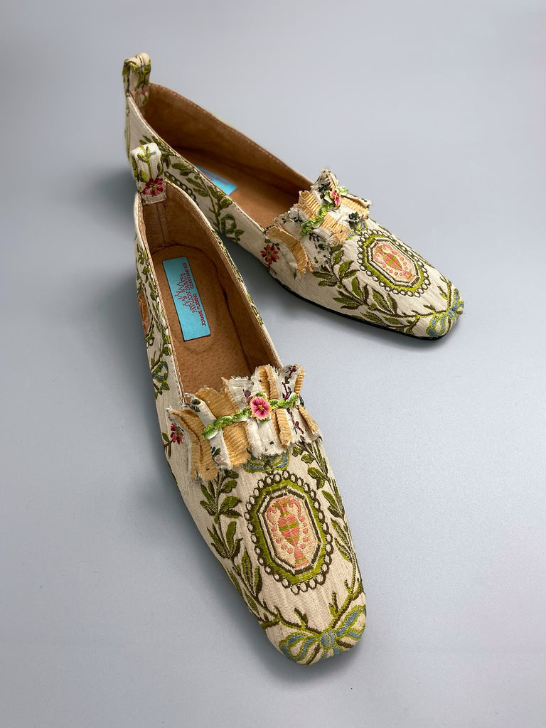 Pale blue and creamy blush silk brocade pointed toe Regency dancing slippers. Bohemian shoes created from antique textiles by Pavilion Parade