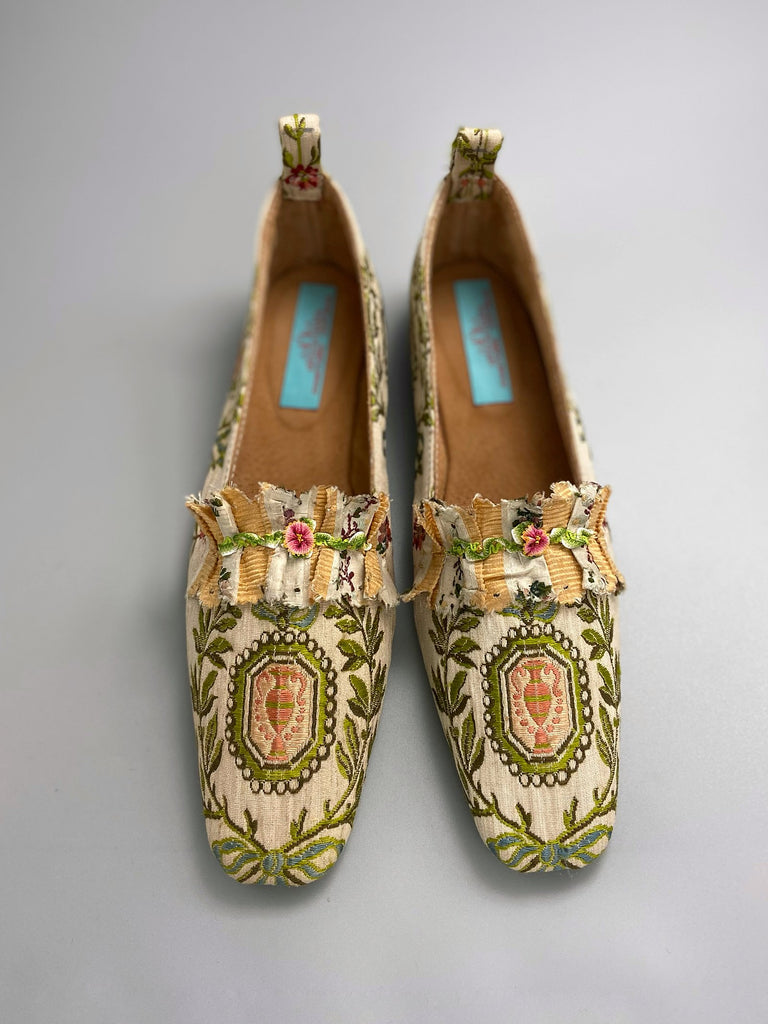 Green chartreuse, coral and ivory silk jacquard square toe Georgian dancing slippers. Bohemian shoes created from antique textiles by Pavilion Parade