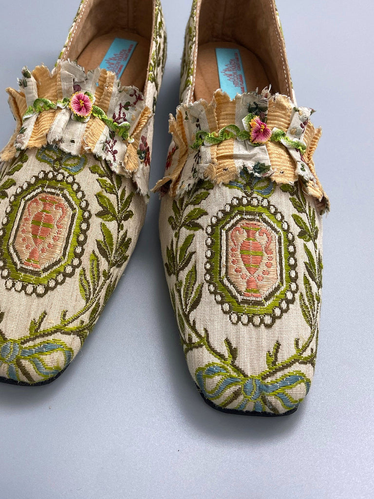 Pale blue and creamy blush silk brocade pointed toe Regency dancing slippers. Bohemian shoes created from antique textiles by Pavilion Parade