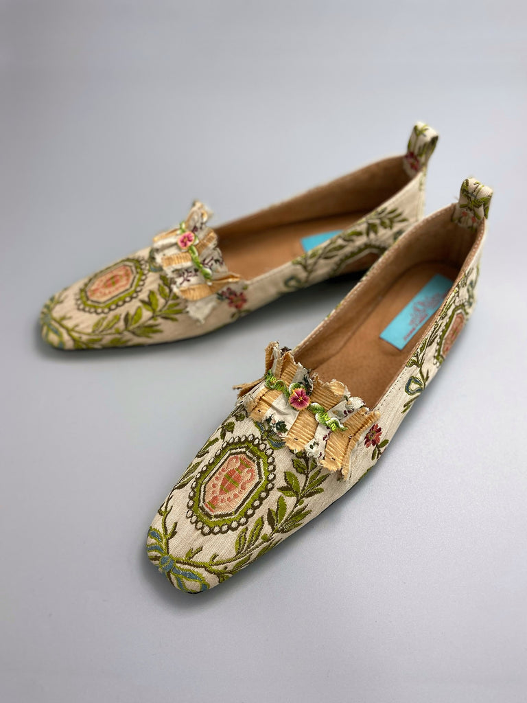 Pale blue and creamy blush silk brocade pointed toe Regency dancing slippers. Bohemian shoes created from antique textiles by Pavilion Parade