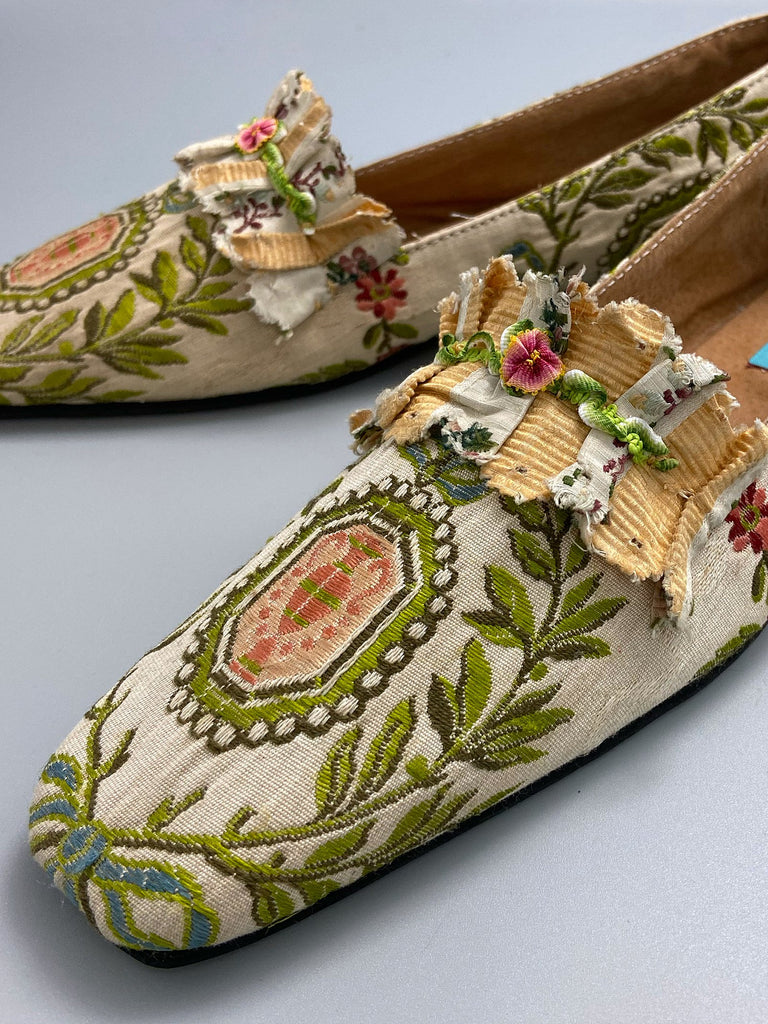 Pale blue and creamy blush silk brocade pointed toe Regency dancing slippers. Bohemian shoes created from antique textiles by Pavilion Parade