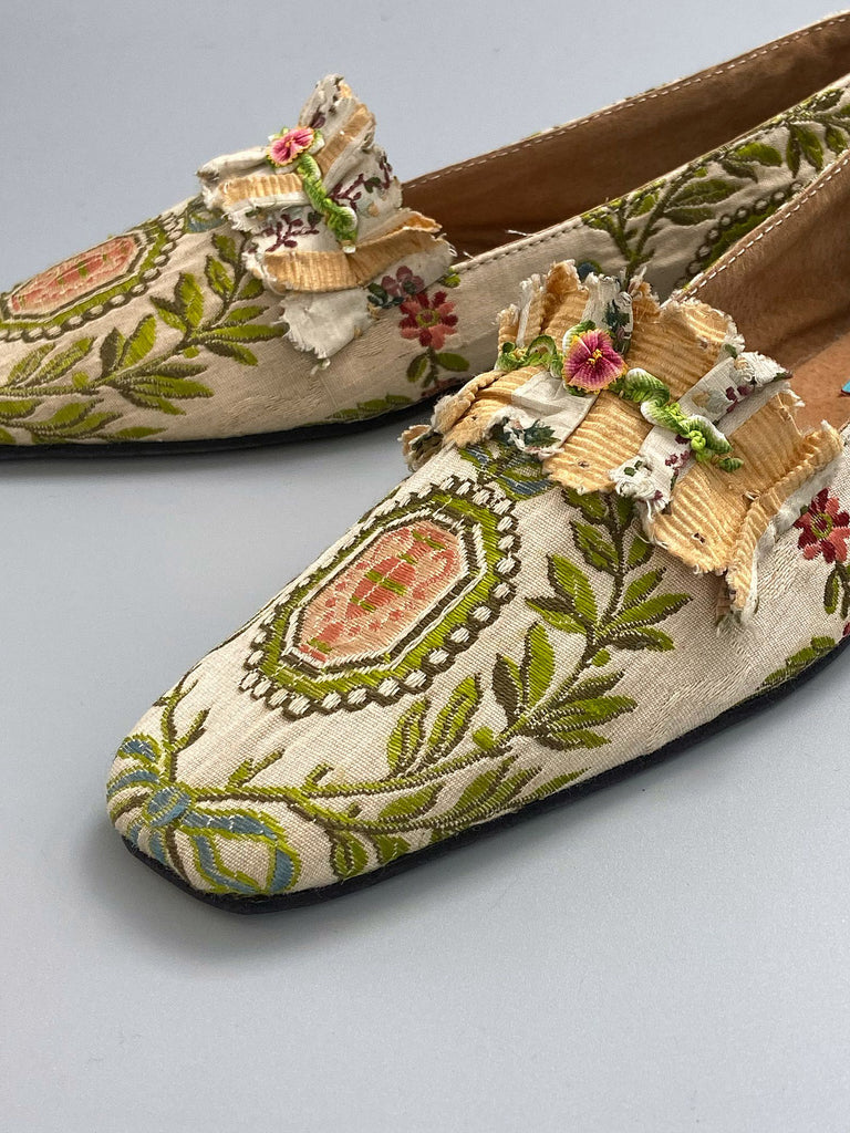 Pale blue and creamy blush silk brocade pointed toe Regency dancing slippers. Bohemian shoes created from antique textiles by Pavilion Parade